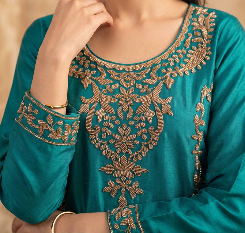 Teal blue premium chinnon beads work suit set