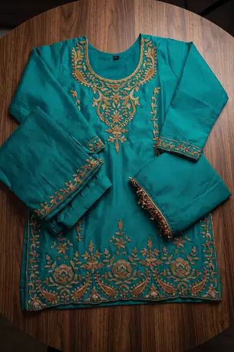 Teal blue premium chinnon beads work suit set