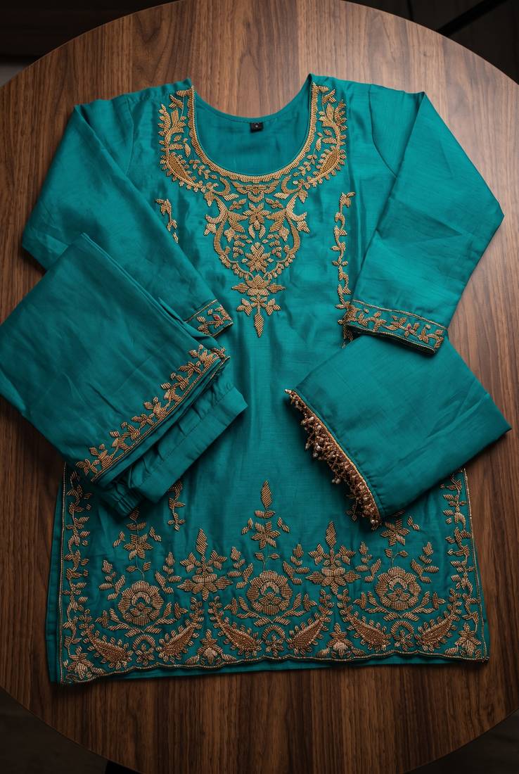 Teal blue premium chinnon beads work suit set
