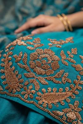 Teal blue premium chinnon beads work suit set 4