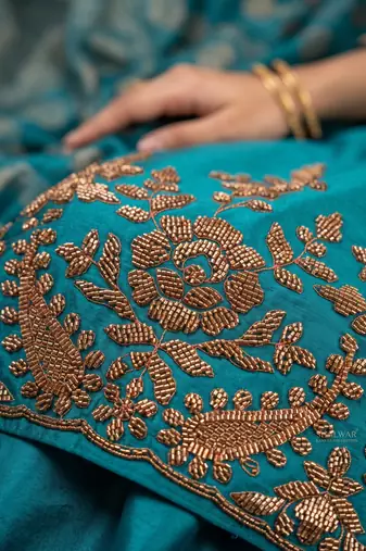 Teal blue premium chinnon beads work suit set