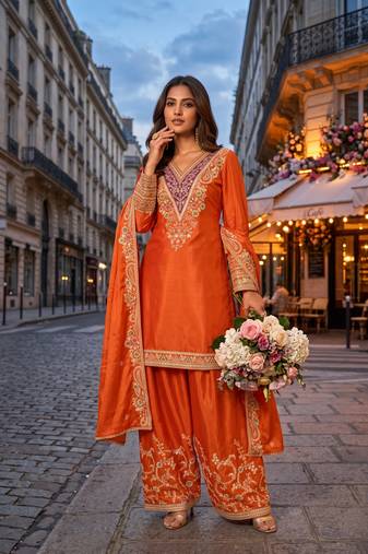 Orange premium chinon embroidery work suit set