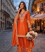 Orange premium chinon embroidery work suit set