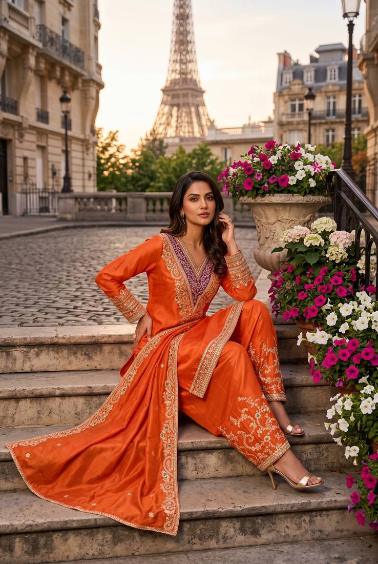 Orange premium chinon embroidery work suit set