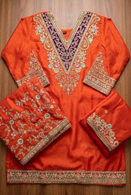 Orange premium chinon embroidery work suit set 3