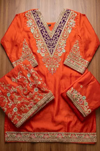 Orange premium chinon embroidery work suit set