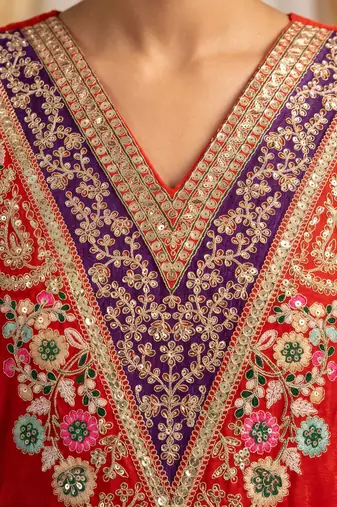 Orange premium chinon embroidery work suit set