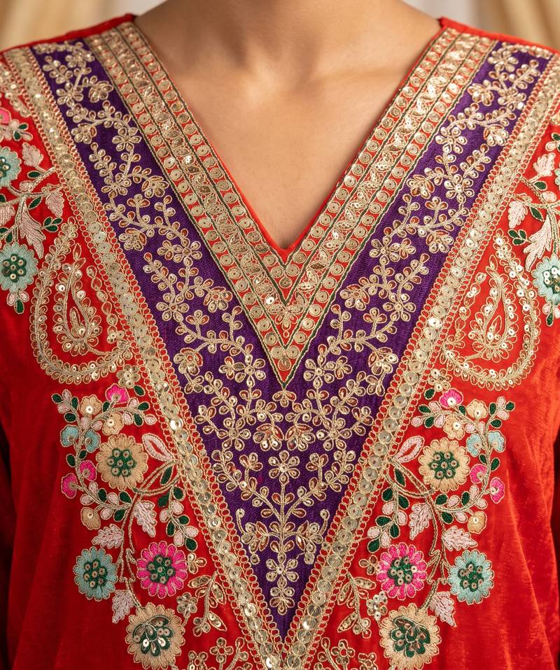 Orange premium chinon embroidery work suit set