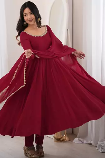 Wine premium mal chanderi 16-kali anarkali set