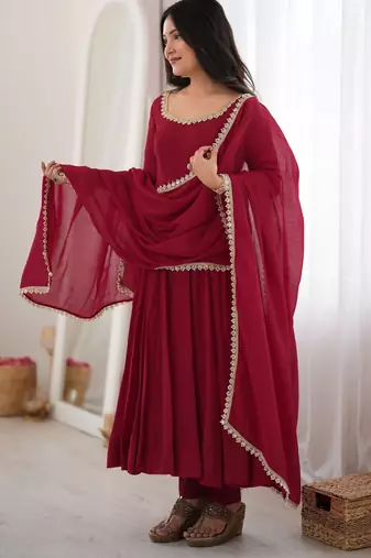Wine premium mal chanderi 16-kali anarkali set