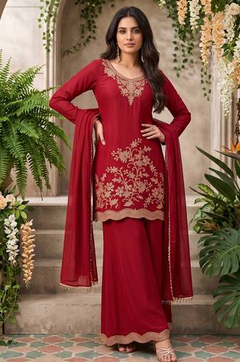 Maroon premium chinnon beads work suit set