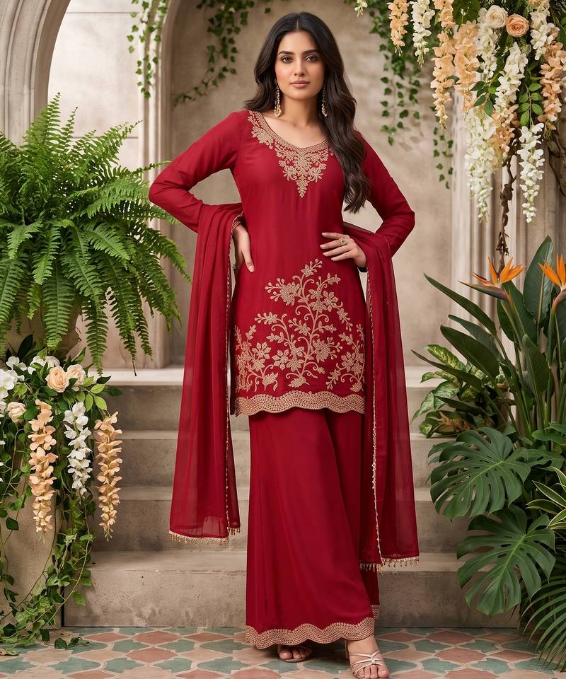 Maroon premium chinnon beads work suit set