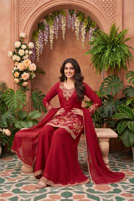 Maroon premium chinnon beads work suit set 2