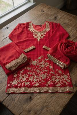 Maroon premium chinnon beads work suit set 4