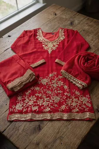 Maroon premium chinnon beads work suit set