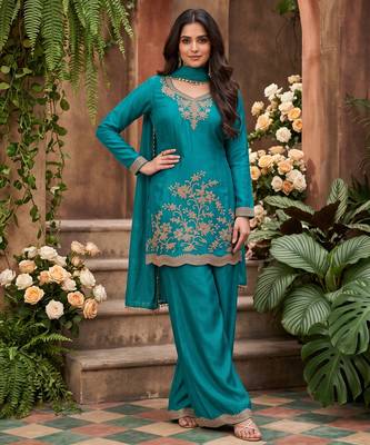 Teal blue premium chinnon beads work suit set 1