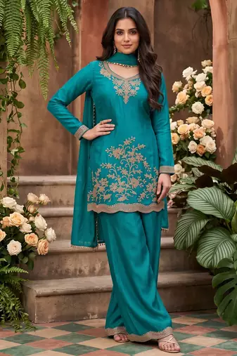 Teal blue premium chinnon beads work suit set