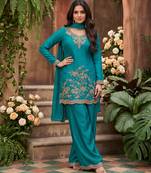 Teal blue premium chinnon beads work suit set