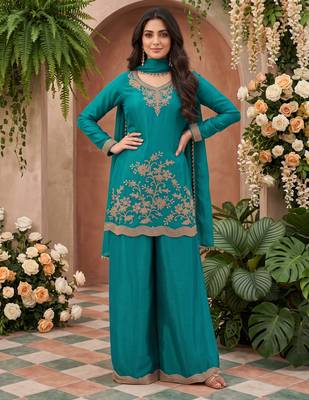 Teal blue premium chinnon beads work suit set 2