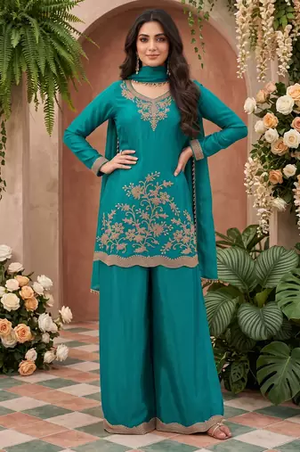 Teal blue premium chinnon beads work suit set