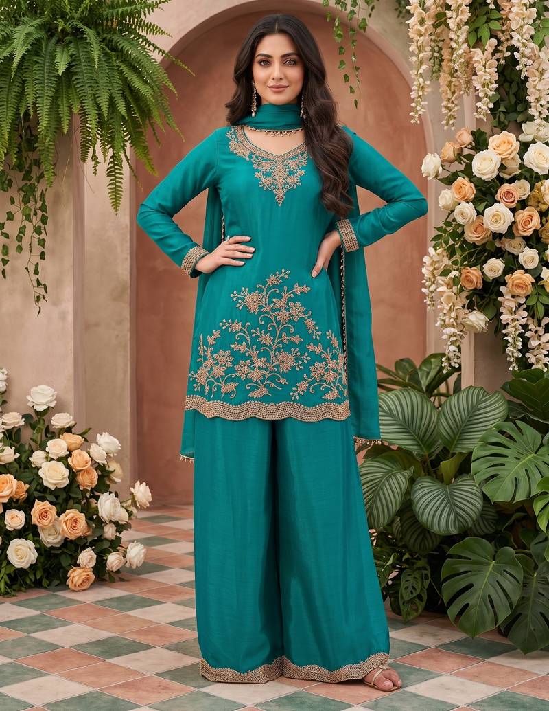 Teal blue premium chinnon beads work suit set