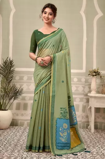 pista green premium cotton blend natural texture saree