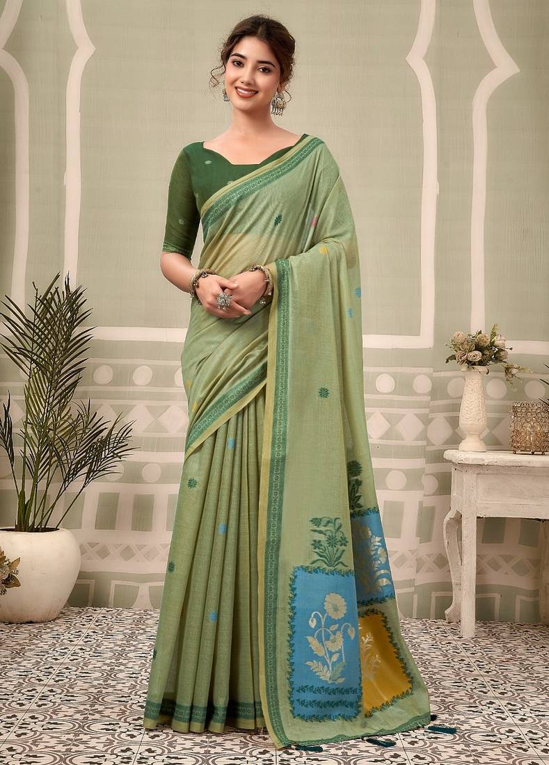 pista green premium cotton blend natural texture saree