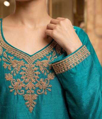 Teal blue premium chinnon beads work suit set 3