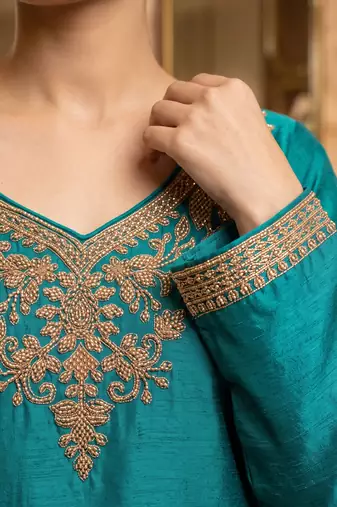 Teal blue premium chinnon beads work suit set