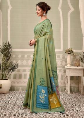 pista green premium cotton blend natural texture saree 2