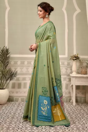 pista green premium cotton blend natural texture saree