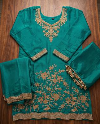 Teal blue premium chinnon beads work suit set 4