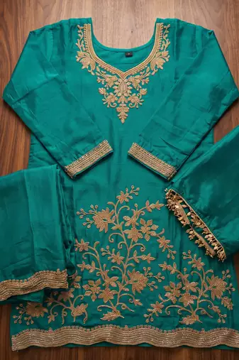 Teal blue premium chinnon beads work suit set
