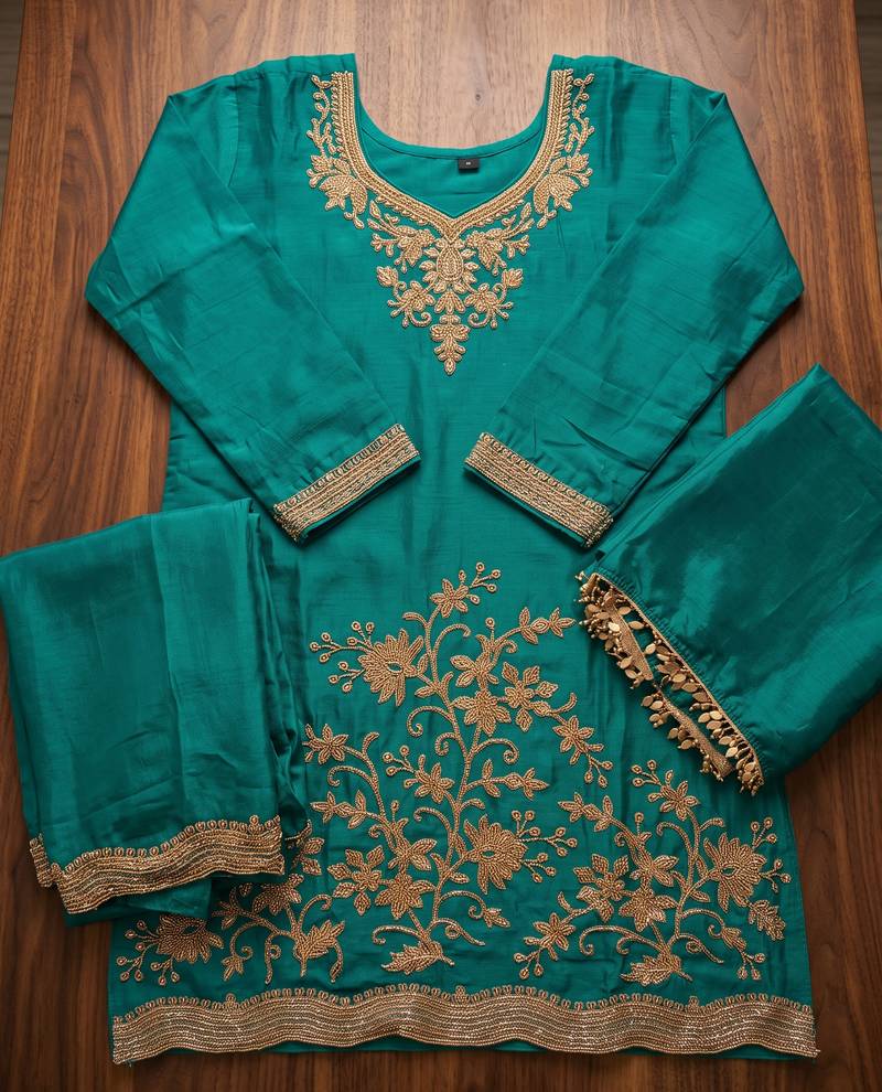 Teal blue premium chinnon beads work suit set
