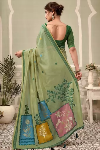 pista green premium cotton blend natural texture saree