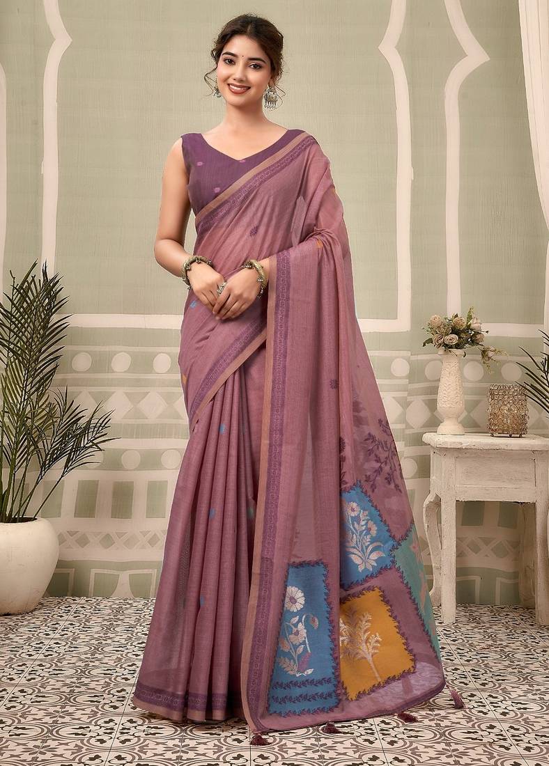 mauve premium cotton blend natural texture saree