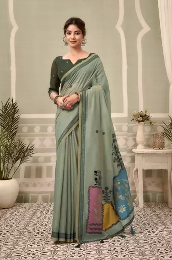 sage green premium cotton blend natural texture saree