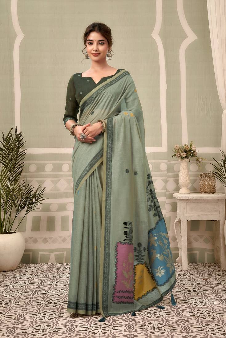 sage green premium cotton blend natural texture saree