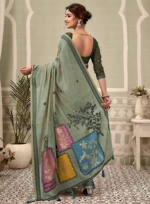 sage green premium cotton blend natural texture saree 2