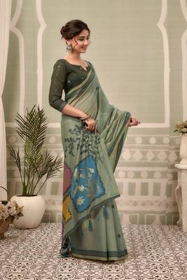 sage green premium cotton blend natural texture saree 3