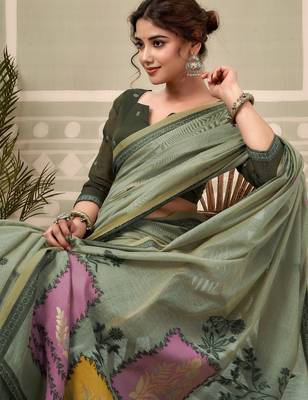 sage green premium cotton blend natural texture saree 4