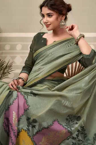sage green premium cotton blend natural texture saree