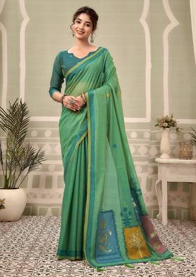 green premium cotton blend natural texture saree 1