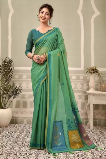 green premium cotton blend natural texture saree