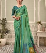green premium cotton blend natural texture saree
