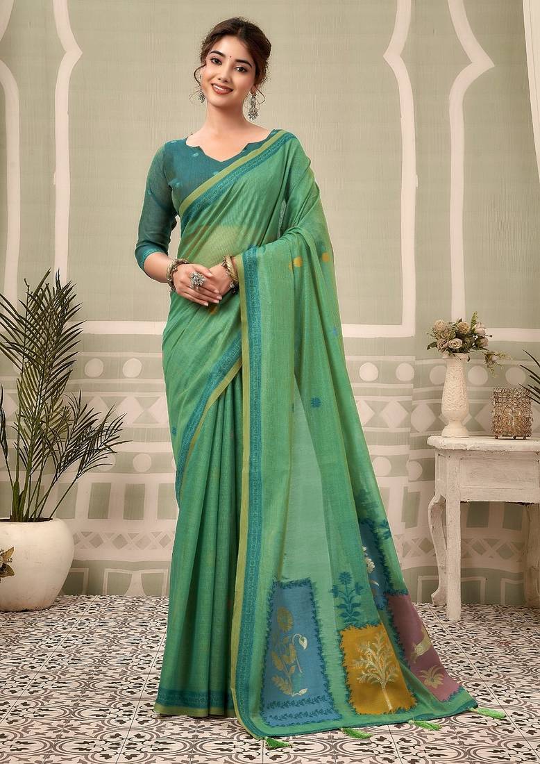 green premium cotton blend natural texture saree