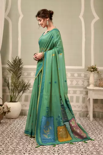 green premium cotton blend natural texture saree