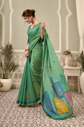 green premium cotton blend natural texture saree