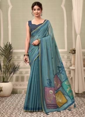 blue premium cotton blend natural texture saree 1