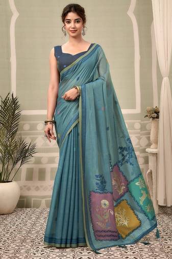 Blue premium cotton natural texture saree